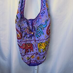 Lungta Imports Elephant Embroidered Cotton Crossbody Bag Purple Festival Tibet